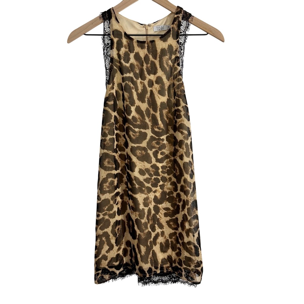 Tobi Animal Print Eyelash Lace Trim Sleeveless Mini Dress Black Tan Extra Small